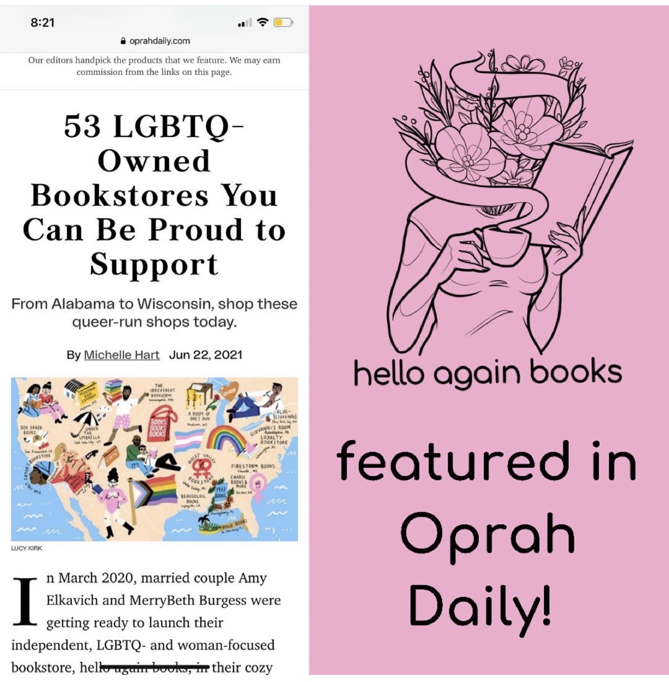 A page with text about LGBTQ-owned bookstores and a pink illustration of a hand holding a book, with the words