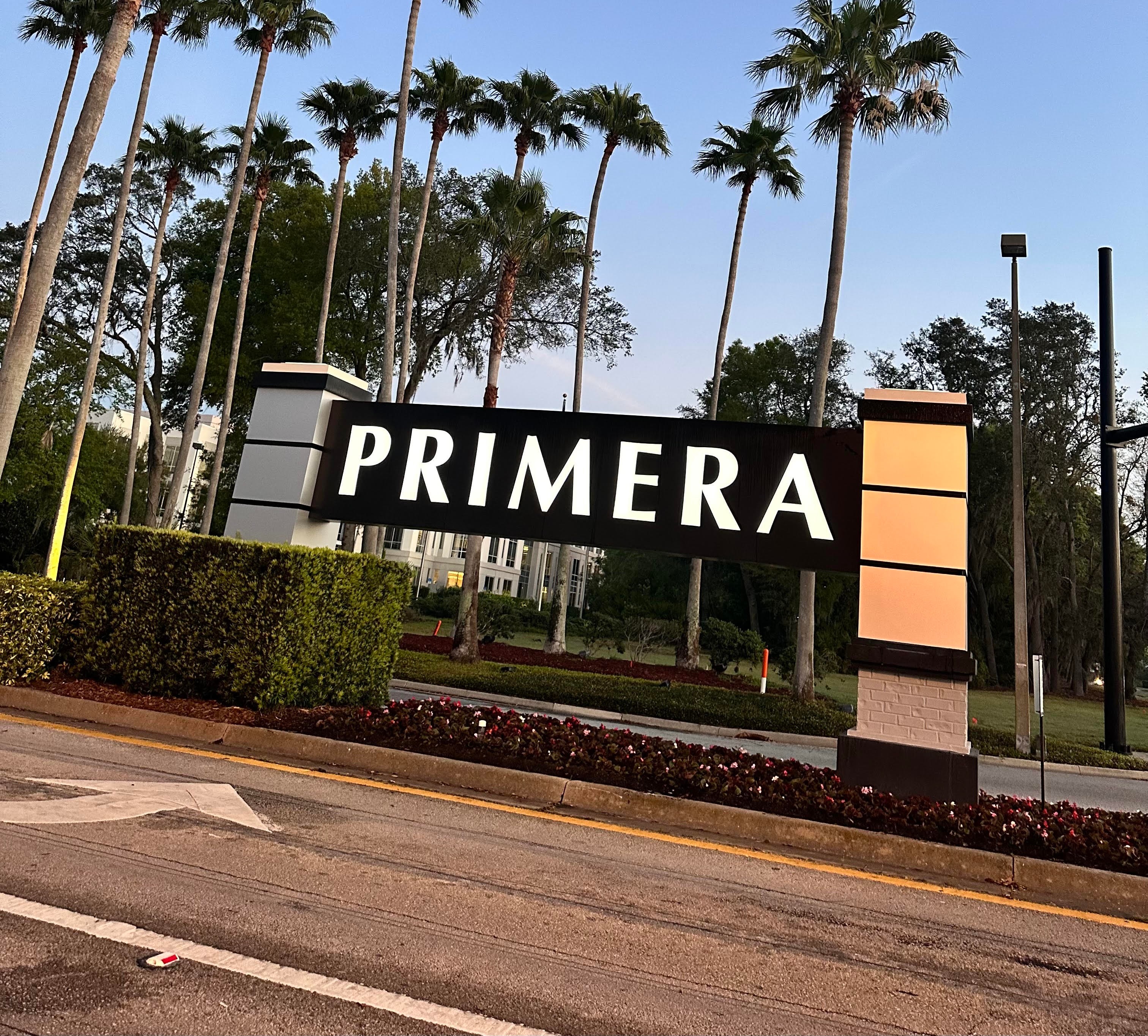 Sign with the word 'PRIMERA' in front of tall palm trees and a clear sky.