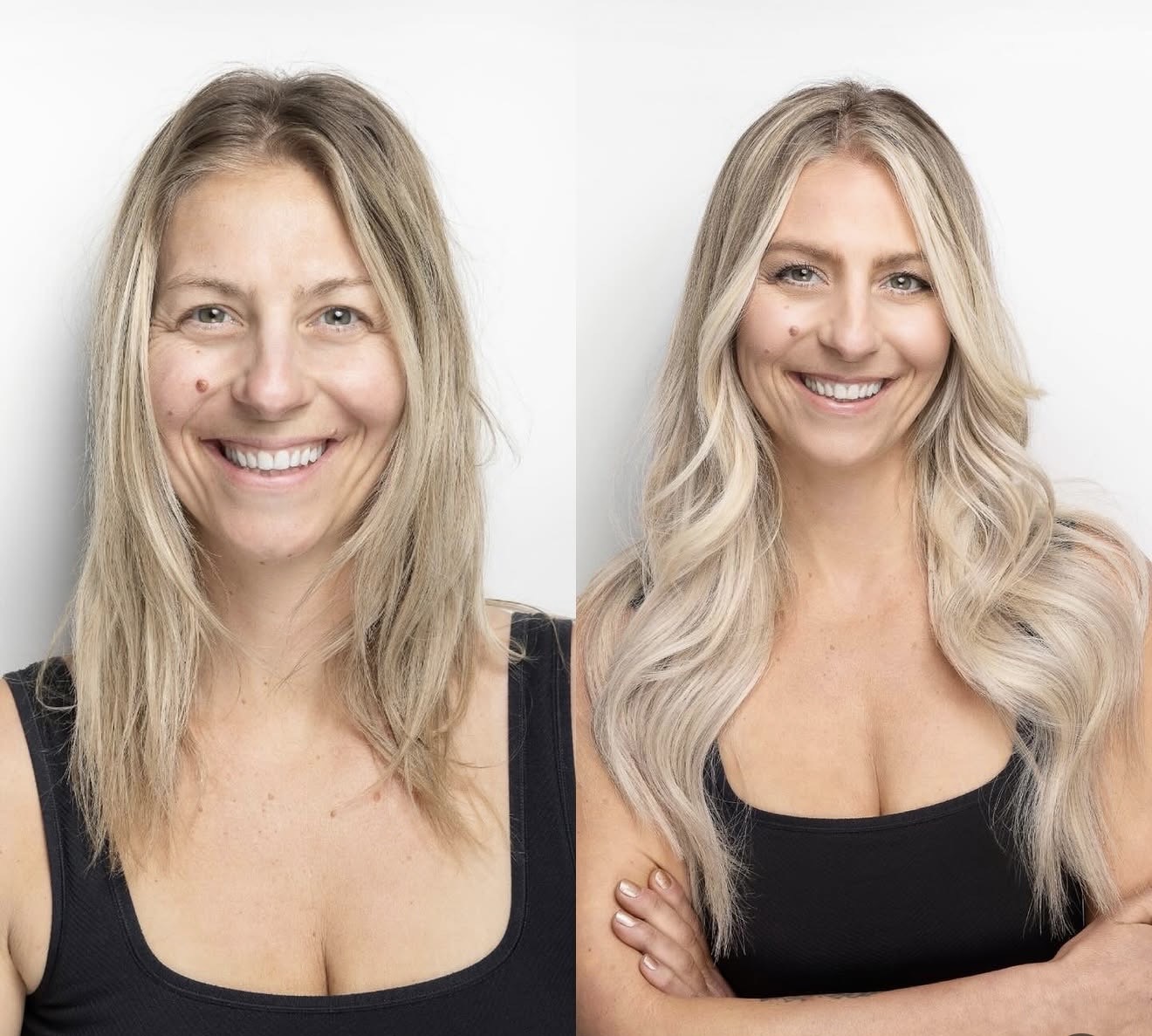 Two women with long blonde hair smiling, one with arms crossed, against a white background.