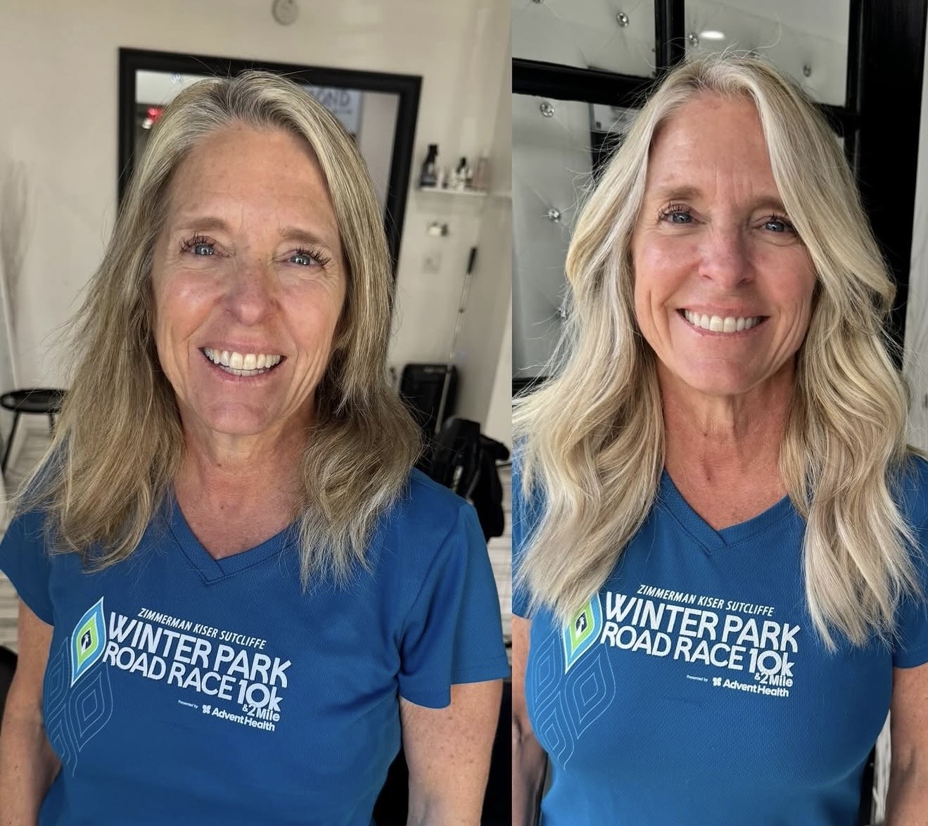 Two women with long blonde hair smiling, wearing blue shirts with 'Winter Park Road Race 10K' logo, indoors.