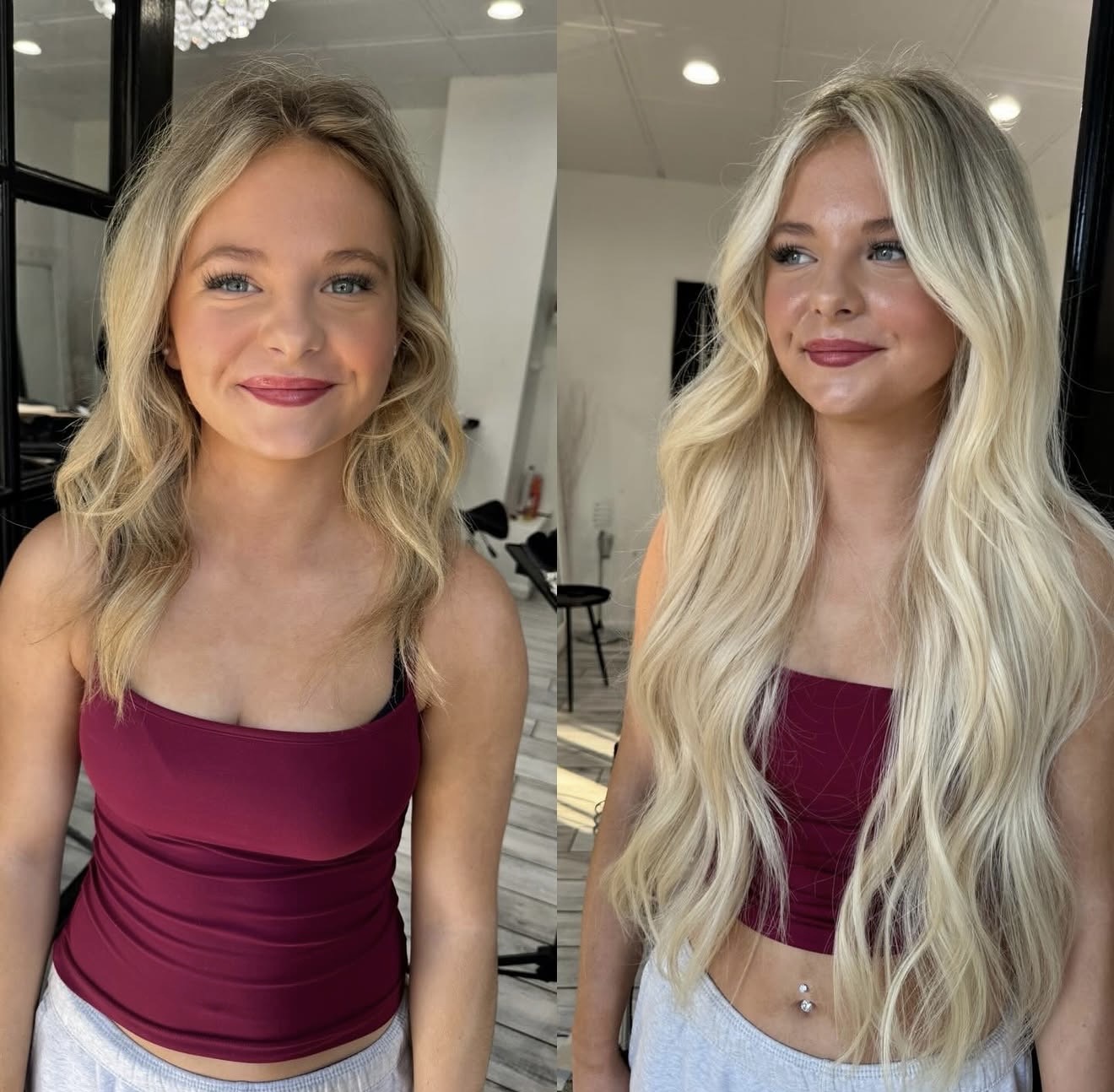 Two women with long blonde hair and maroon tops smiling indoors, standing side by side.