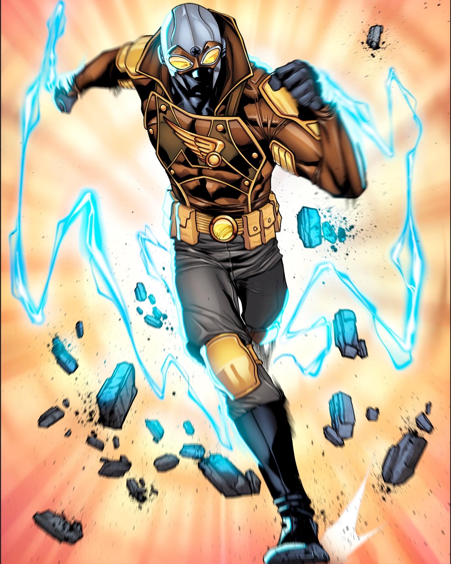 A character in a black and gold outfit with a mask, running forward with blue lightning and debris around.