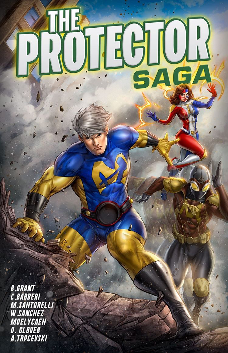 Comic book cover featuring a hero in blue and yellow costume, a woman with red hair, and a masked figure in a battle scene.