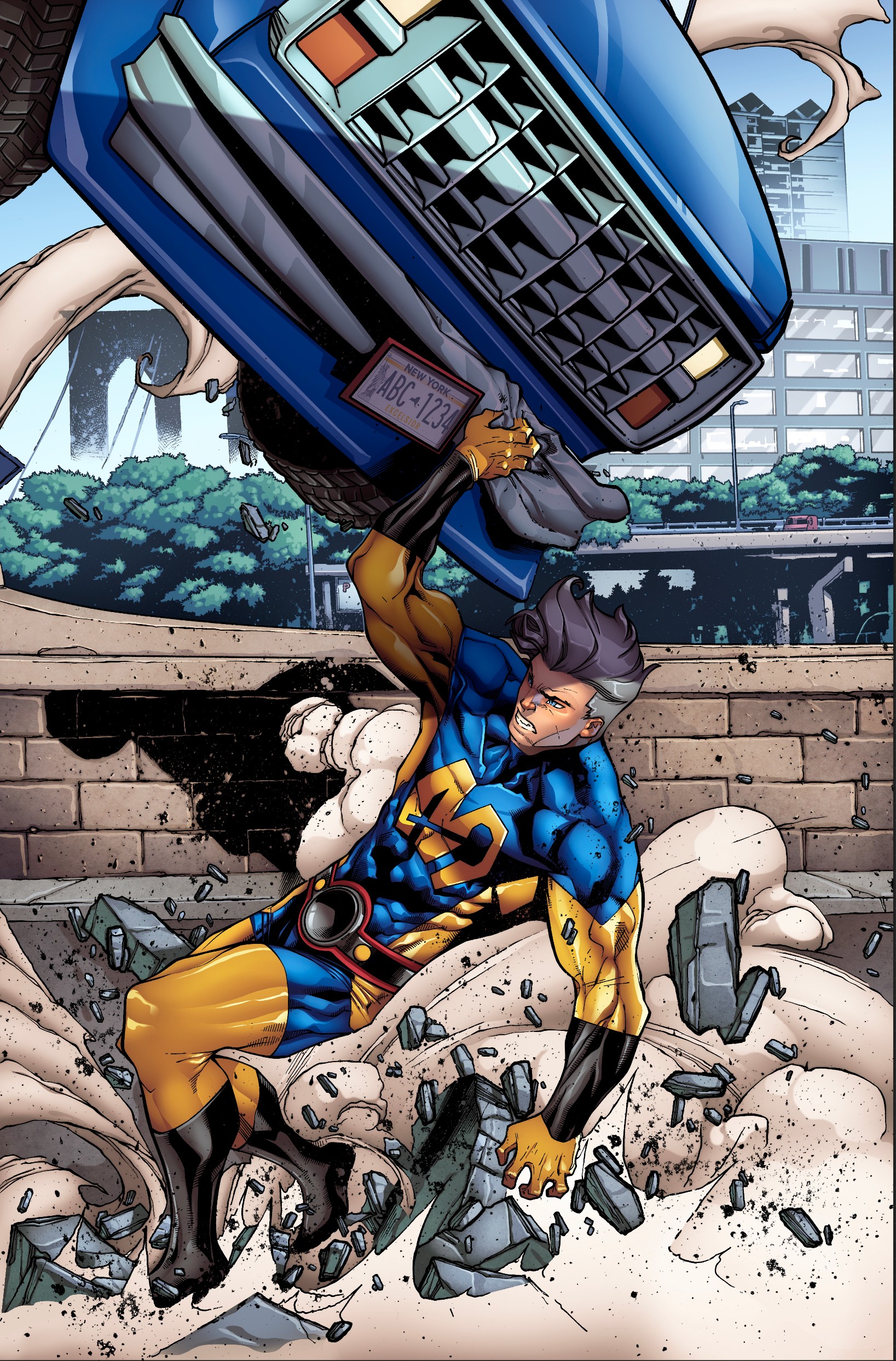 A superhero in a blue and yellow costume lifts a large blue vehicle, breaking the ground with debris flying around.