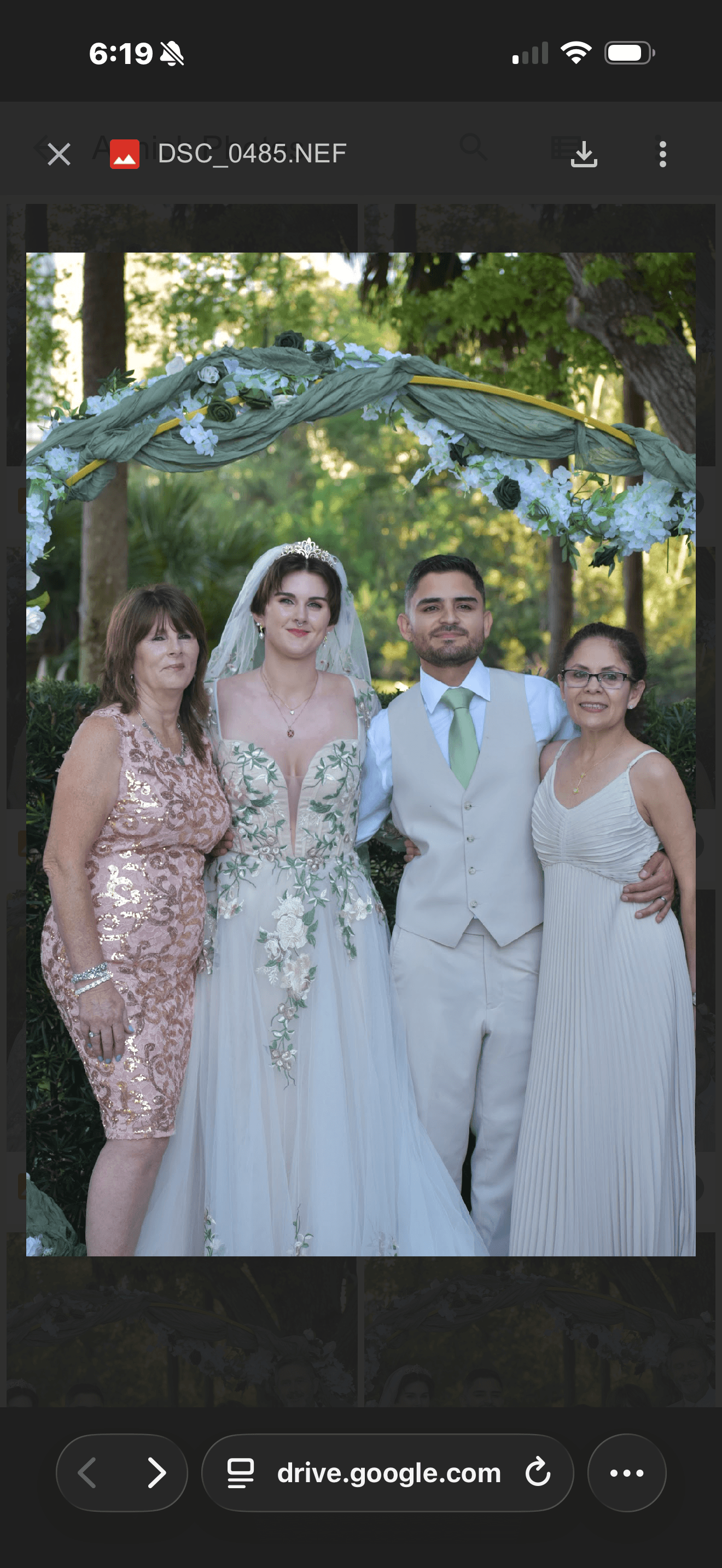Four people standing outdoors under a decorative arch, two women, a man, and a bride in a wedding dress, smiling.