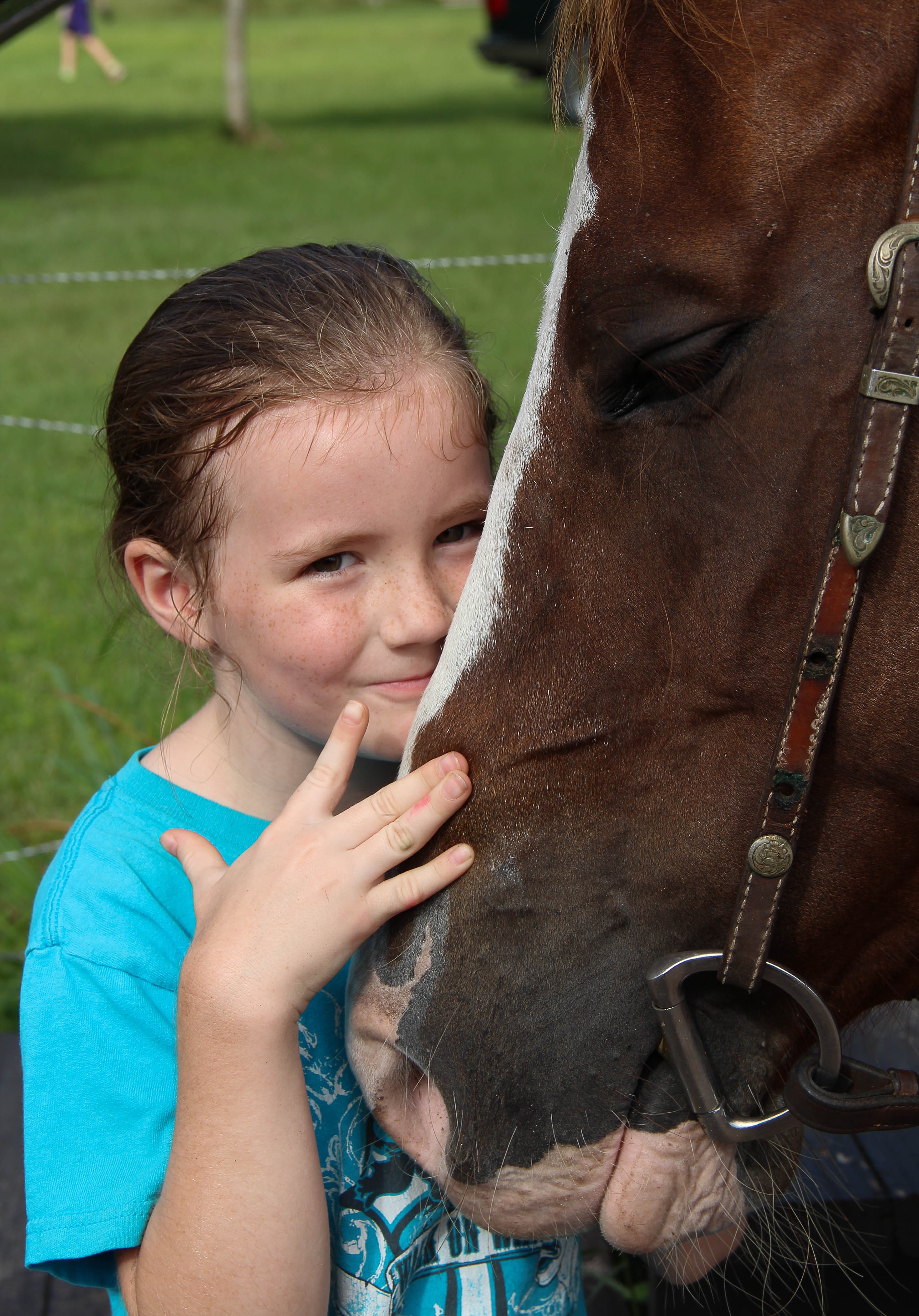 Young girl with brown hair in a ponytail, smiling and touching a horse's face outdoors.