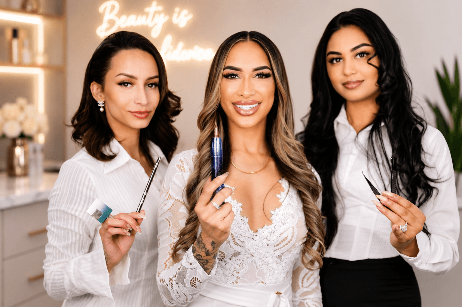 Three women smiling indoors, one holding a makeup brush, in front of a blurred background with a neon sign, all dressed in white and black.