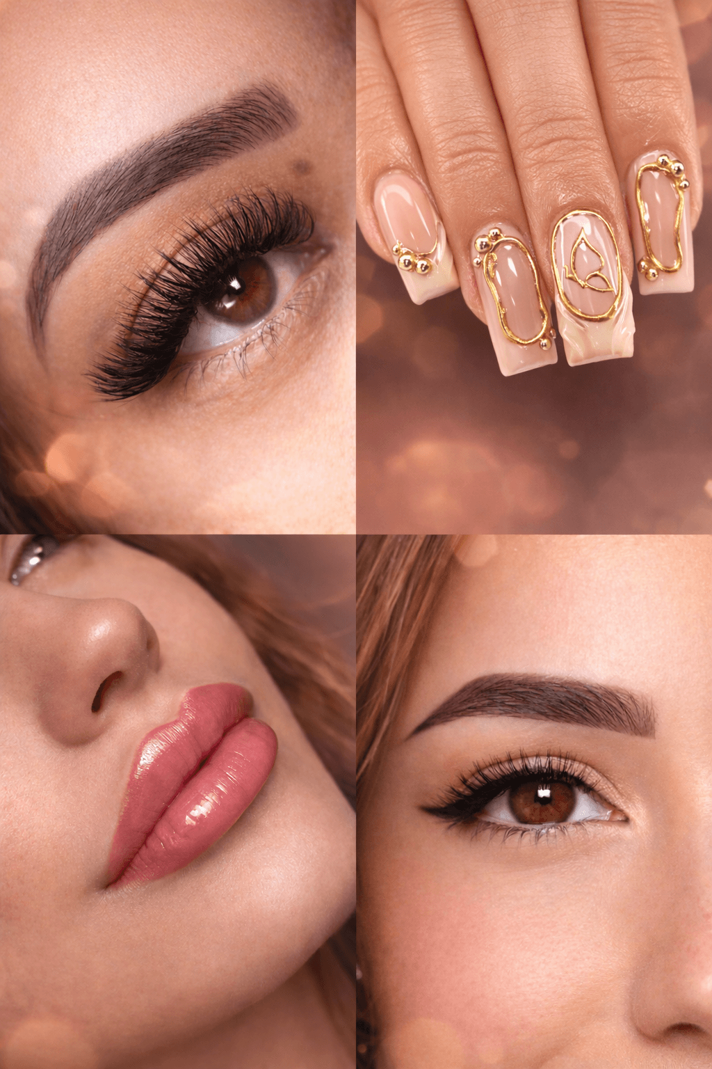 Close-up of a woman's eye with makeup, manicured nails with gold accents, lips, and eyebrow, all with detailed features.