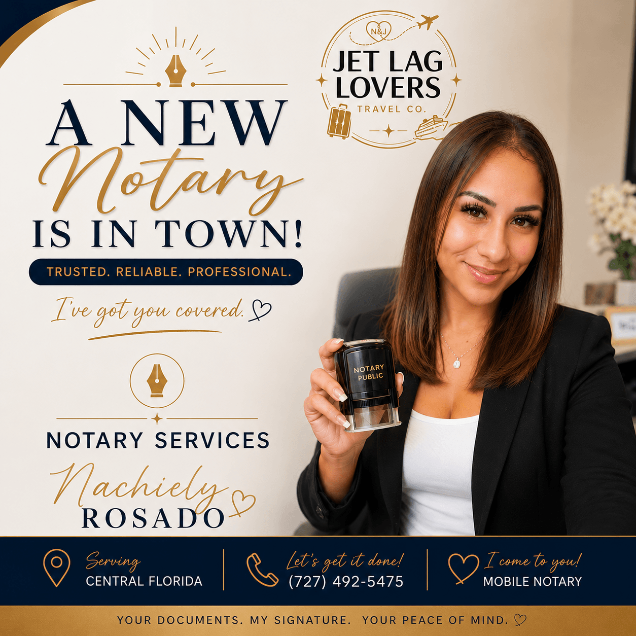 Woman in black blazer holding a stamp, smiling, with a promotional poster behind her. Poster has text about notary services and travel. 20 words.
