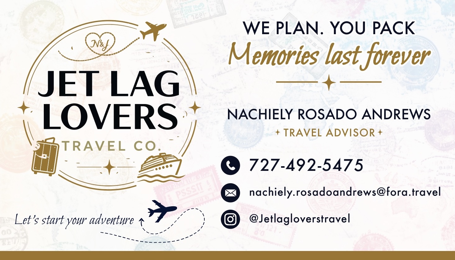 Business card for Jet Lag Lovers Travel Co. with travel icons, contact info, and slogan, 'Memories last forever.'
