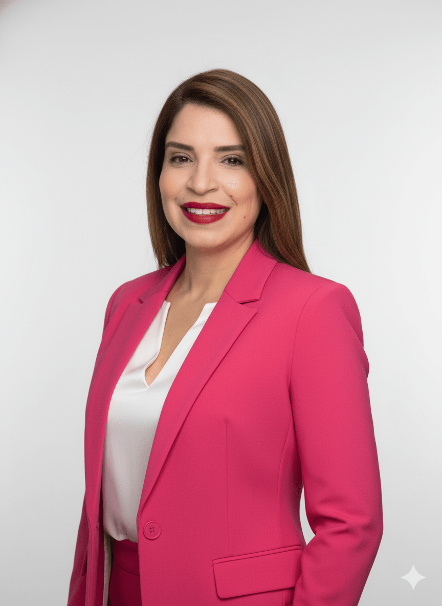 Woman with long brown hair wearing a pink blazer and white blouse, smiling, against a plain light background.