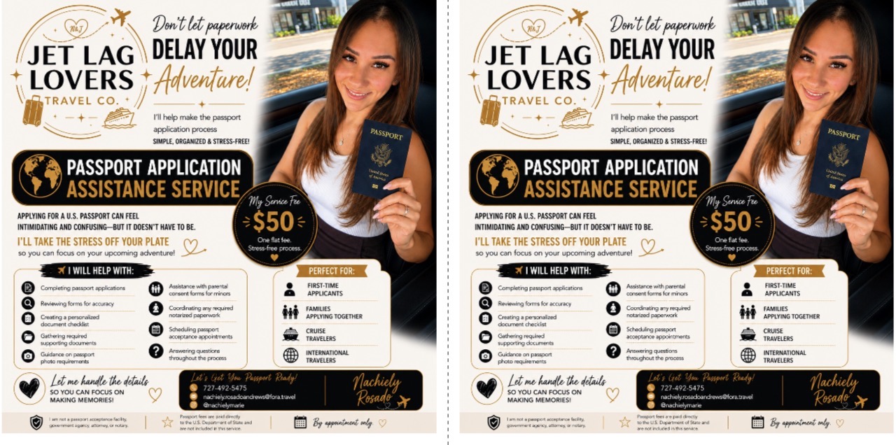 Two women holding passports and travel documents, promotional flyer for jet lag travel assistance service, with text and icons, colorful design.