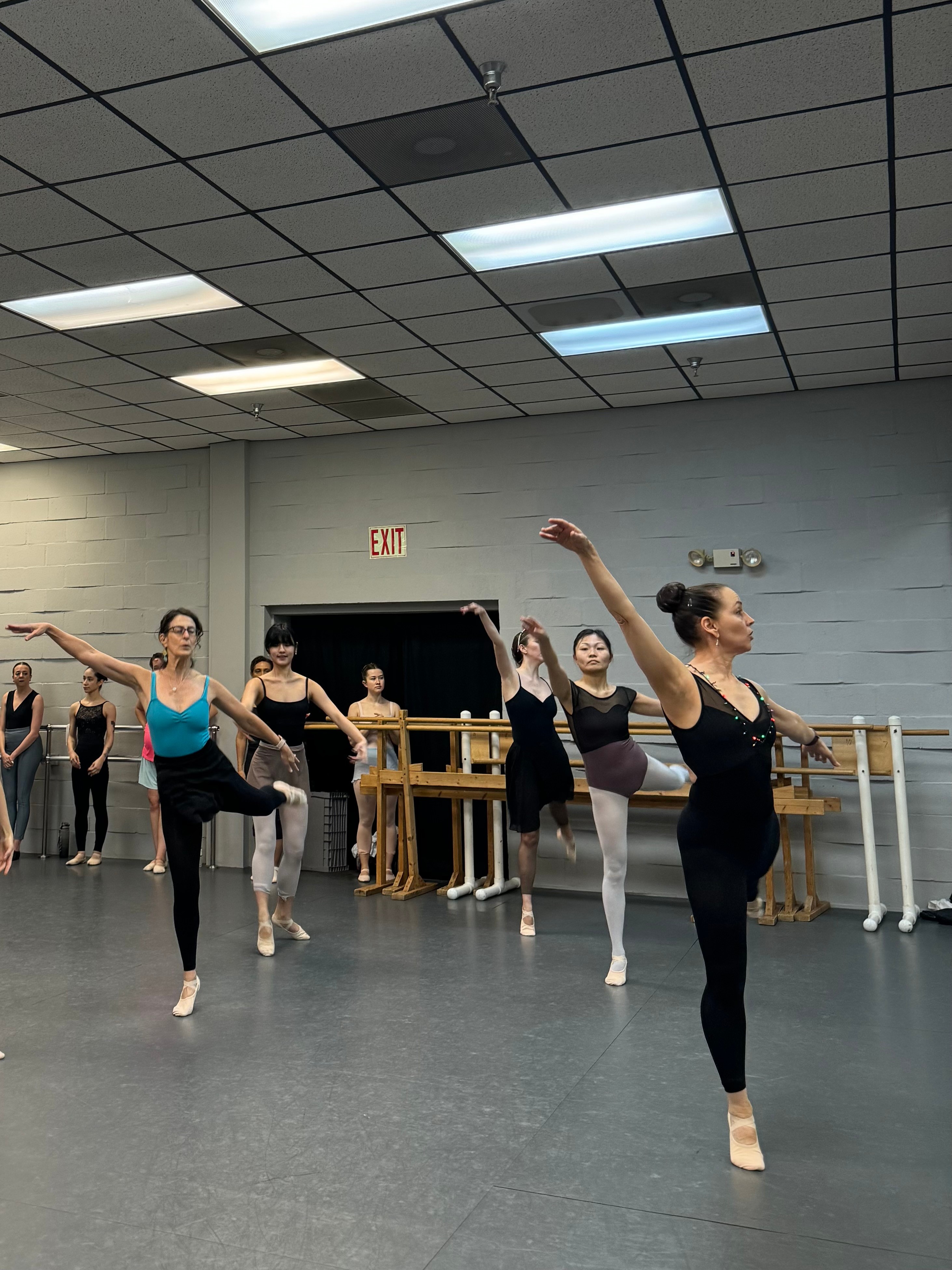 Group of ballet dancers practicing in a dance studio with mirrors and ballet barres, some dancers in mid-movement, wearing leotards and tights.