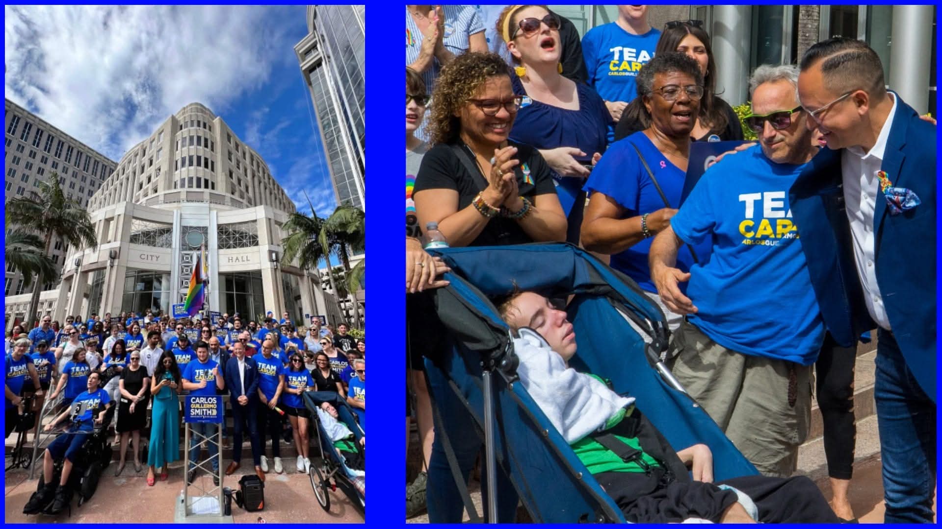 Group of people gathered outside a large building, some wearing blue shirts, with a clear sky above.