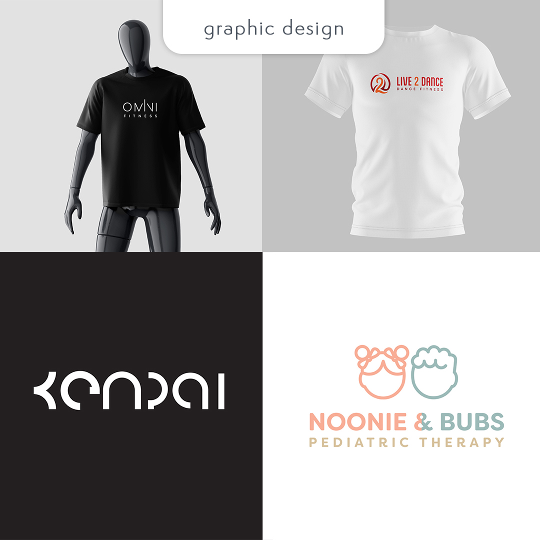 Four quadrants with clothing and logo designs, including a mannequin with a black T-shirt, a white T-shirt, a logo, and a pediatric therapy logo.