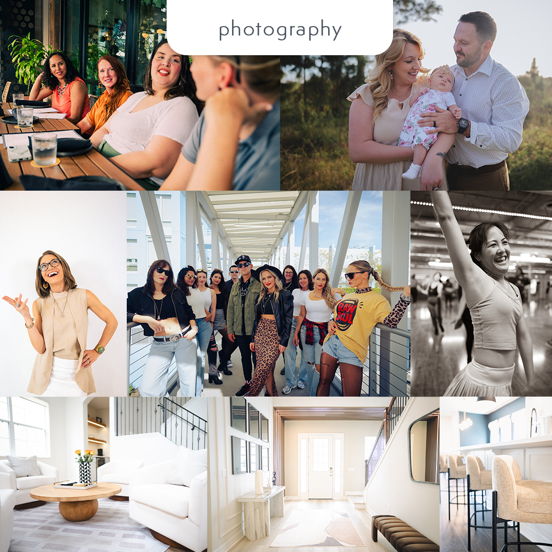 Collage of people in various settings, including a meeting, family, group, and interior spaces, with a photography label at the top.