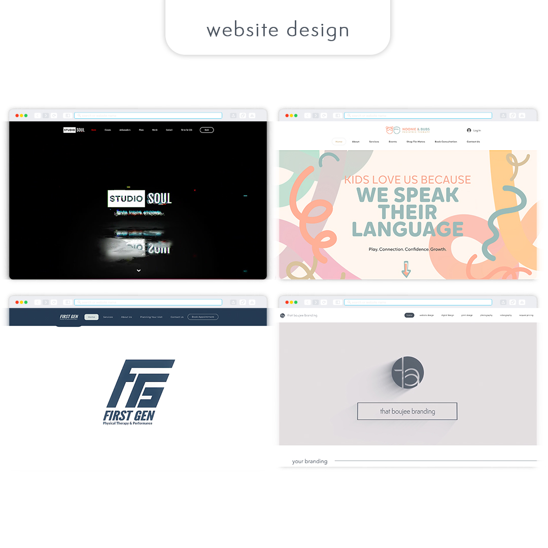 Four website design thumbnails arranged in a grid, each showing different layouts and styles.