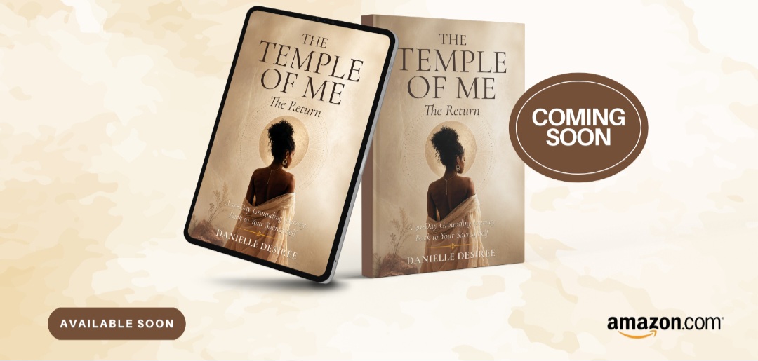 Book cover titled 'The Temple of Me' with a silhouette of a woman, and a 'Coming Soon' badge.