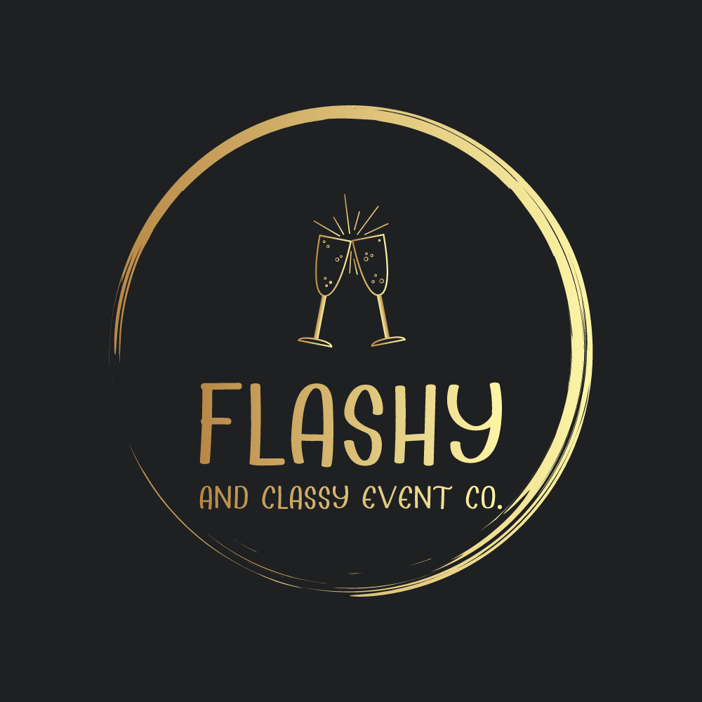 Logo with two champagne glasses clinking, surrounded by a gold circle, with text 'FLASHY AND CLASSY EVENT CO.' on a black background.