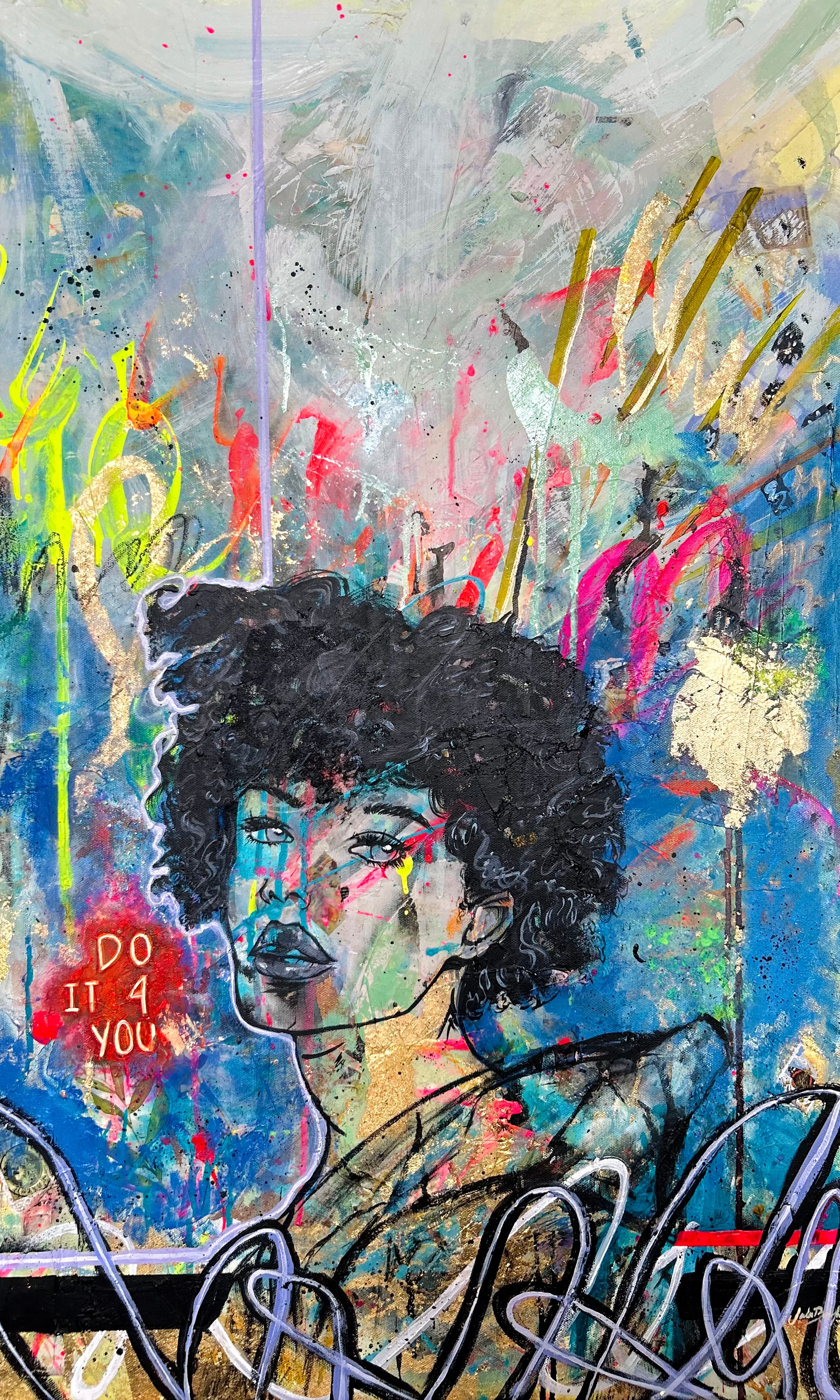 Portrait of a person with curly hair, colorful abstract background, and a red speech bubble saying 'Do it if you'.