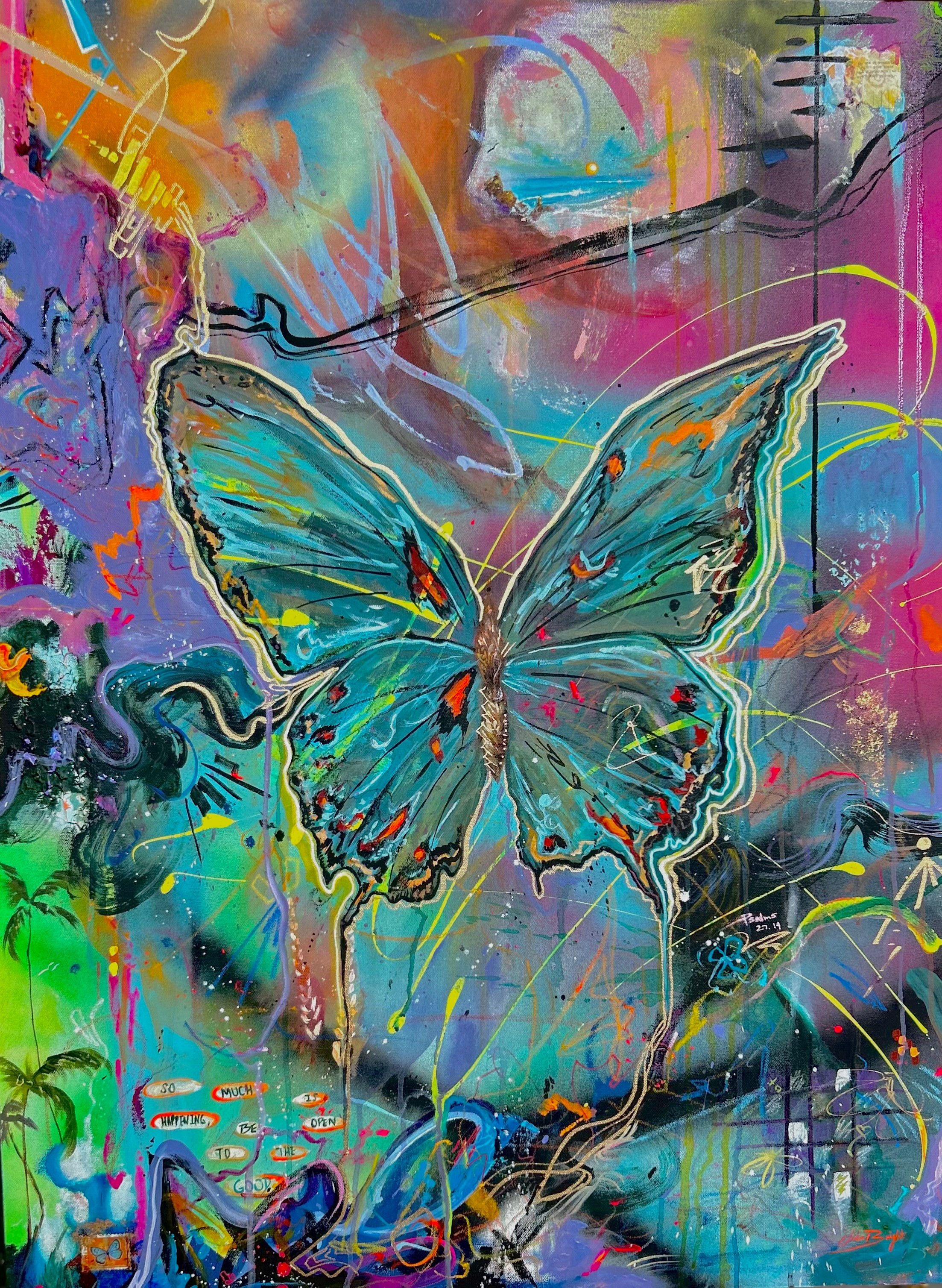 Colorful abstract background with a prominent blue butterfly in the center, surrounded by vibrant splashes and streaks of paint.