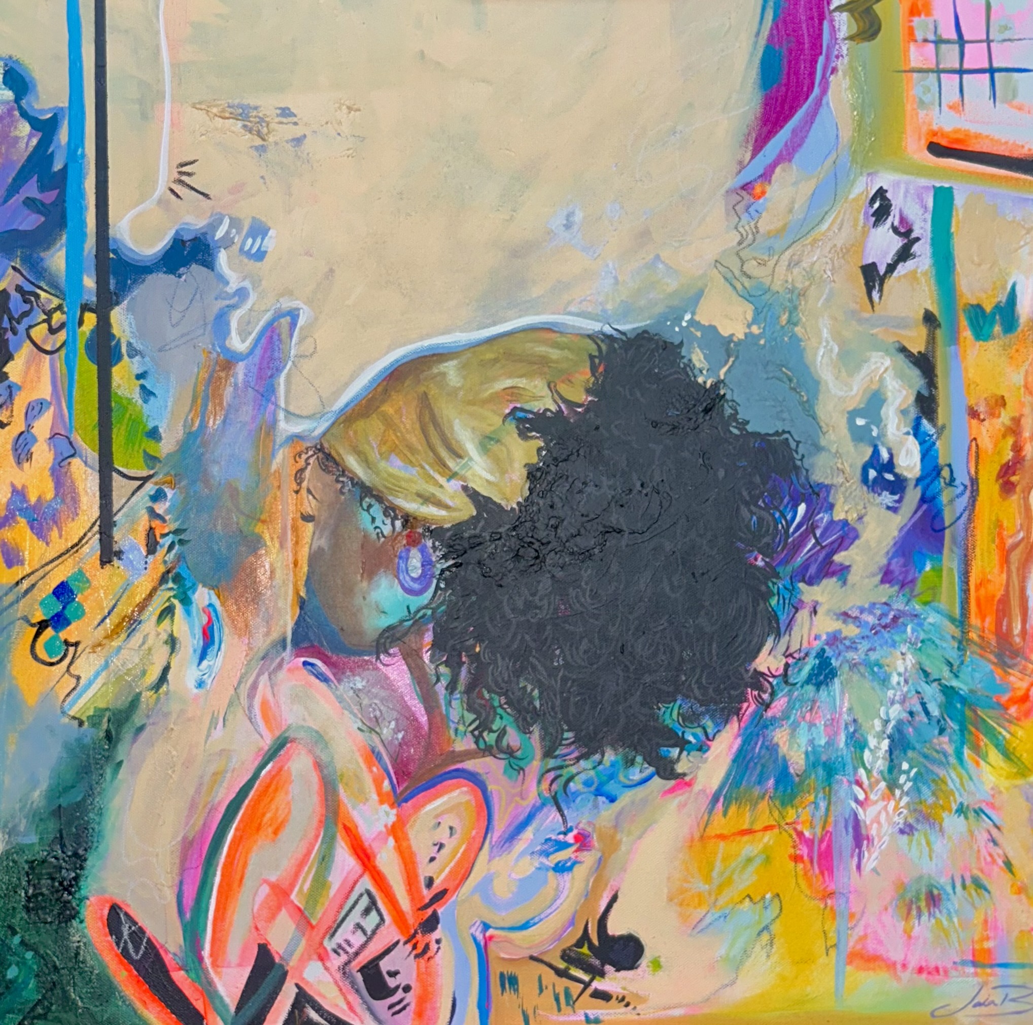 Abstract colorful painting of a person with curly hair, surrounded by vibrant shapes and patterns.