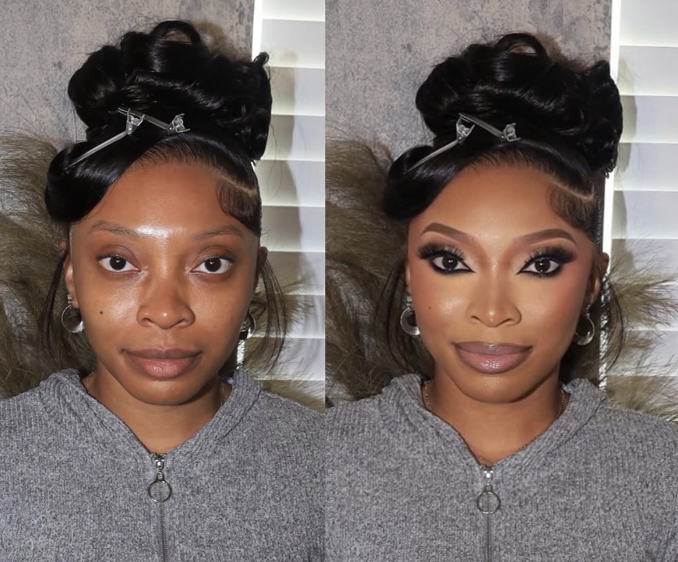 Side-by-side images of a woman with styled hair, makeup, and earrings, wearing a gray zip-up top, facing forward.