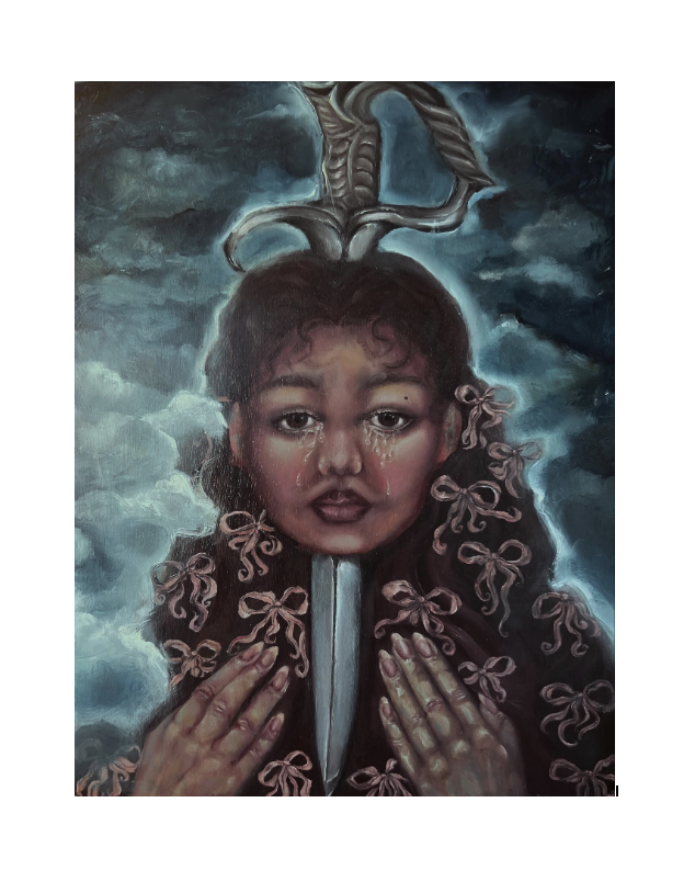 A woman with dark curly hair holds a sword vertically, with a goat skull above her head and a stormy sky background.