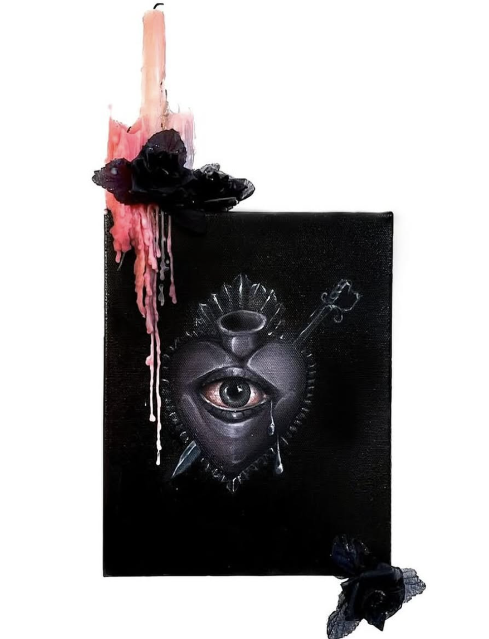 Mixed media artwork with a black background, featuring a large eye, a key, and abstract elements, including pink and black paint drips.