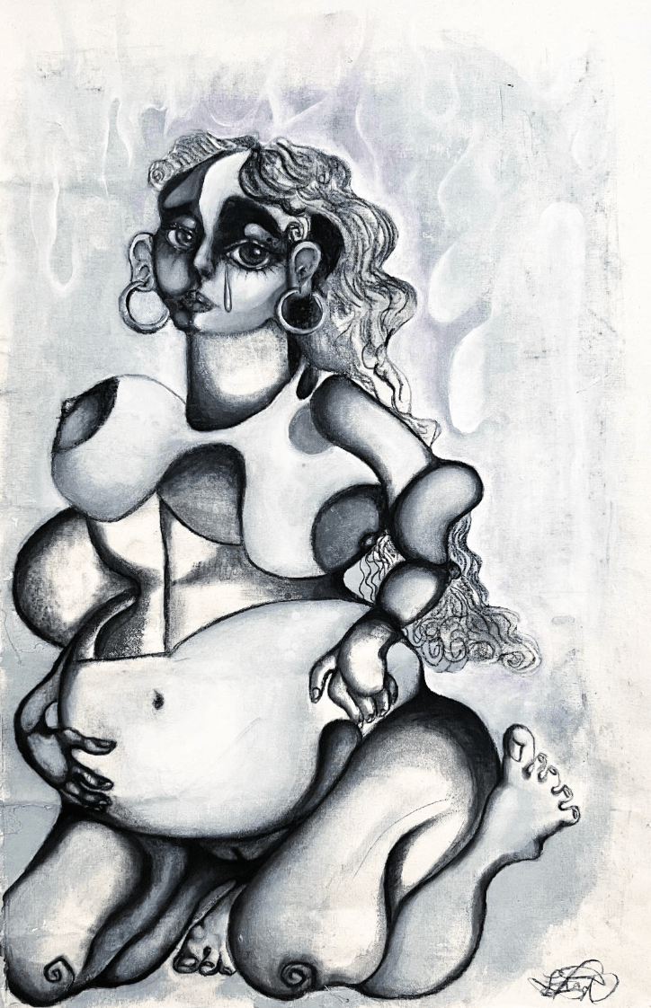 Black and white abstract drawing of a woman with exaggerated features, sitting with a large fish, in a surreal style.