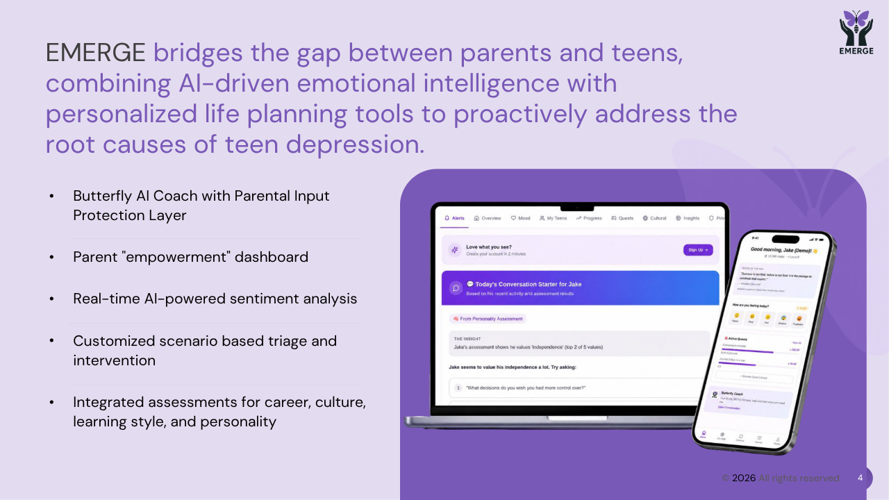 Text about AI-driven emotional intelligence tools for parents and teens, with a smartphone displaying an app interface, on a purple background.