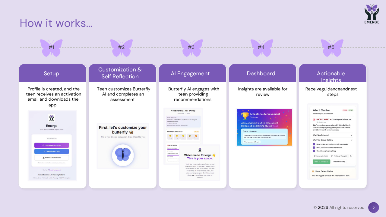 Screenshot of a five-step process with purple butterfly icons, titled 'How it works,' including setup, customization, AI engagement, dashboard, and actionable steps.