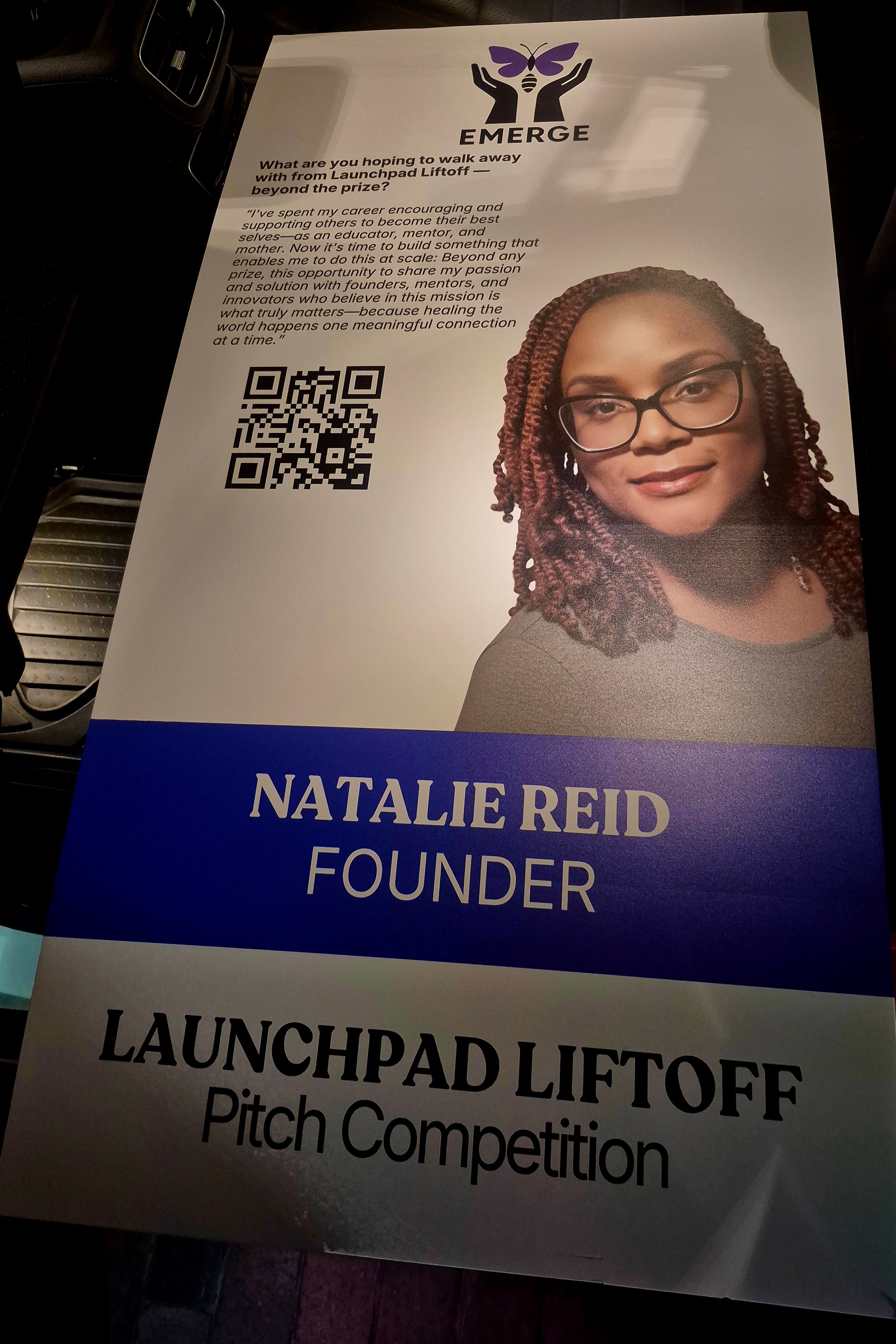 Flyer featuring a woman with glasses and curly hair, titled 'Natalie Reid Founder,' for a pitch competition event.