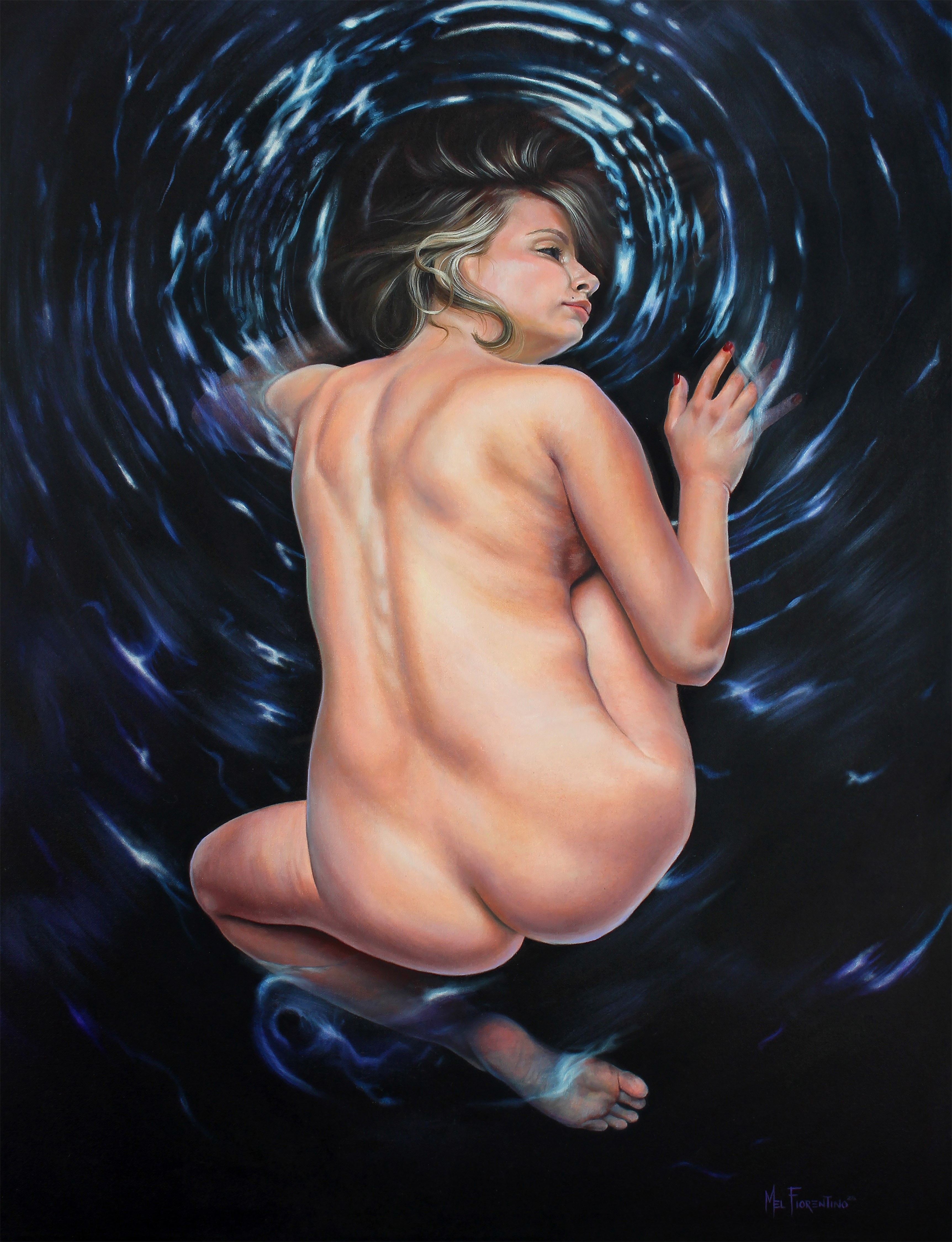 A nude woman with short hair is curled up in a fetal position against a dark, swirling background.