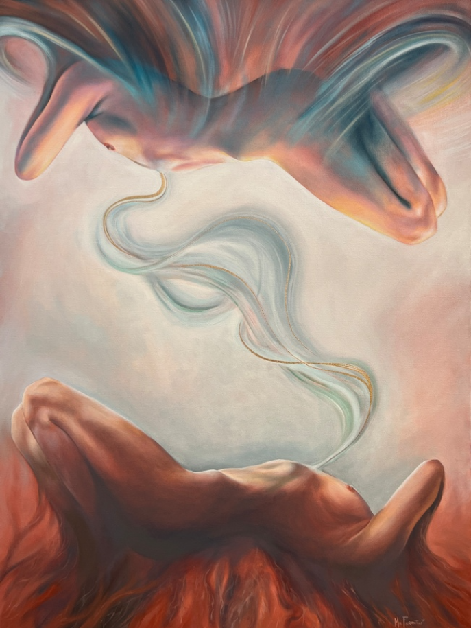 A surreal painting of a hand with smoke or mist rising from it, with abstract shapes and colors in the background.