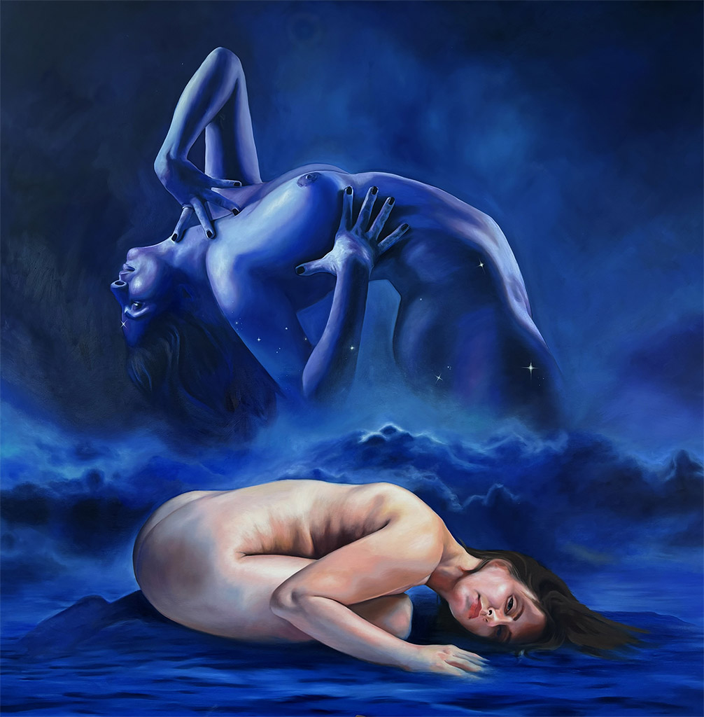 A woman with long dark hair lies on her side, with her head resting on the ground, in a surreal blue-toned scene.