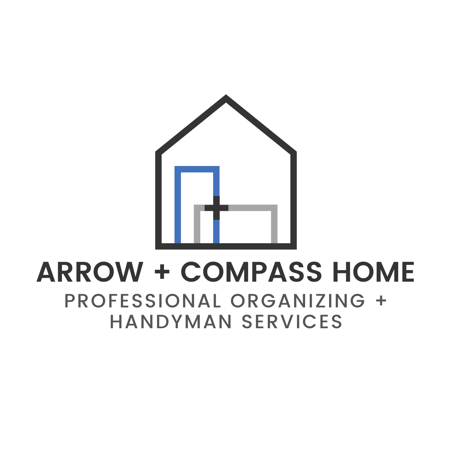 Logo with house outline, blue and gray lines, text for Arrow + Compass Home, organizing and handyman services.