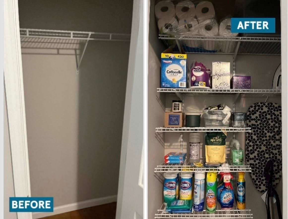 Empty closet on left, organized pantry with paper towels and food items on right, labeled 'BEFORE' and 'AFTER'.
