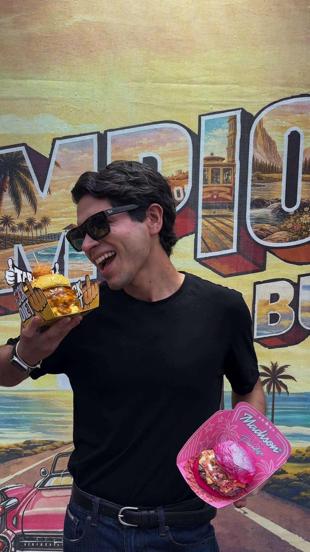 Person smiling, wearing sunglasses, holding a pineapple-shaped drink, with a colorful beach-themed background.