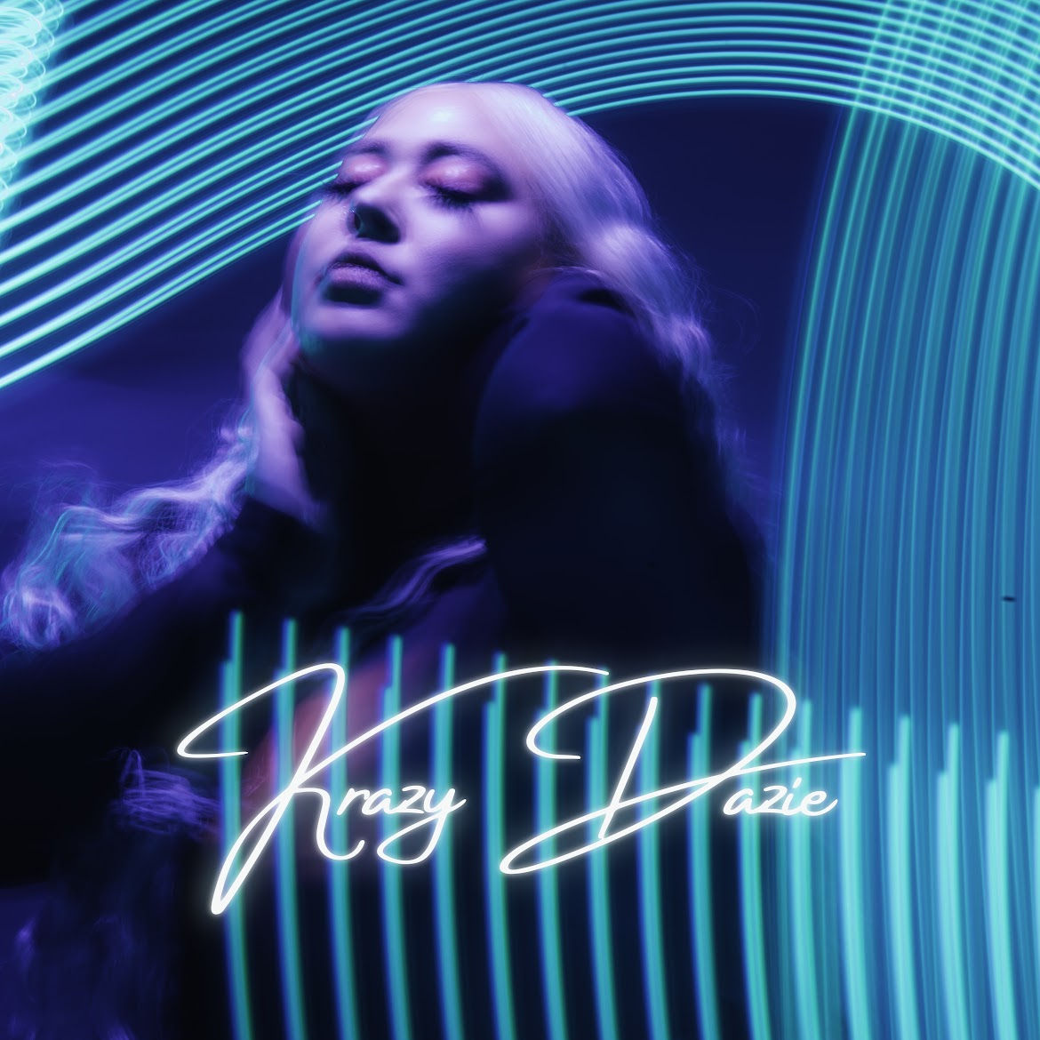 A woman with closed eyes and long hair, surrounded by blue neon light patterns, with text 'Crazy Bazi'.