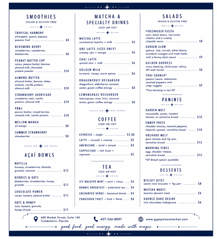 Menu with sections for smoothies, matcha, salads, paninis, desserts, and beverages, with prices listed for each item.