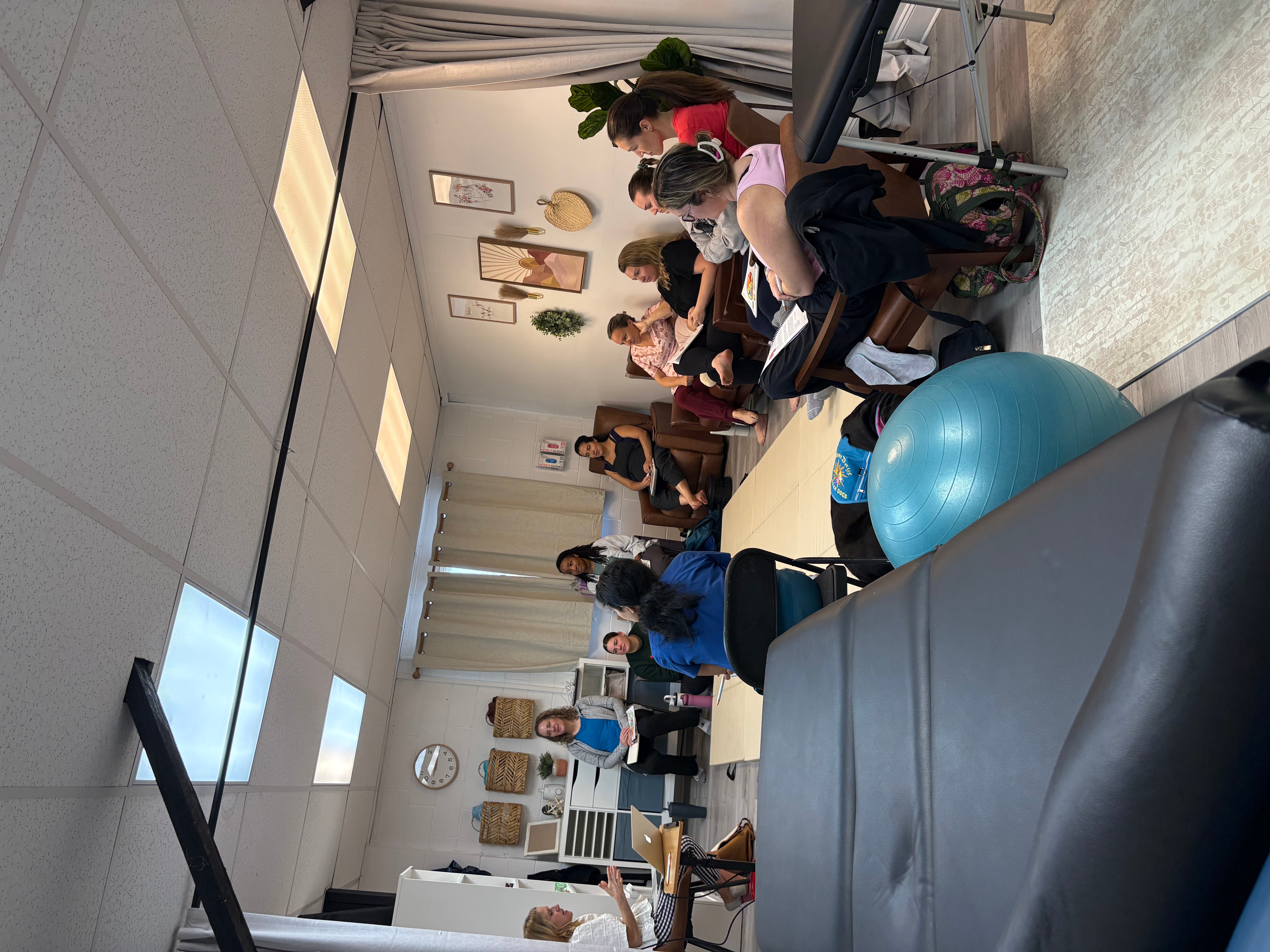 People seated around a table in a room with framed pictures on the wall, some standing and talking, with a blue exercise ball nearby.