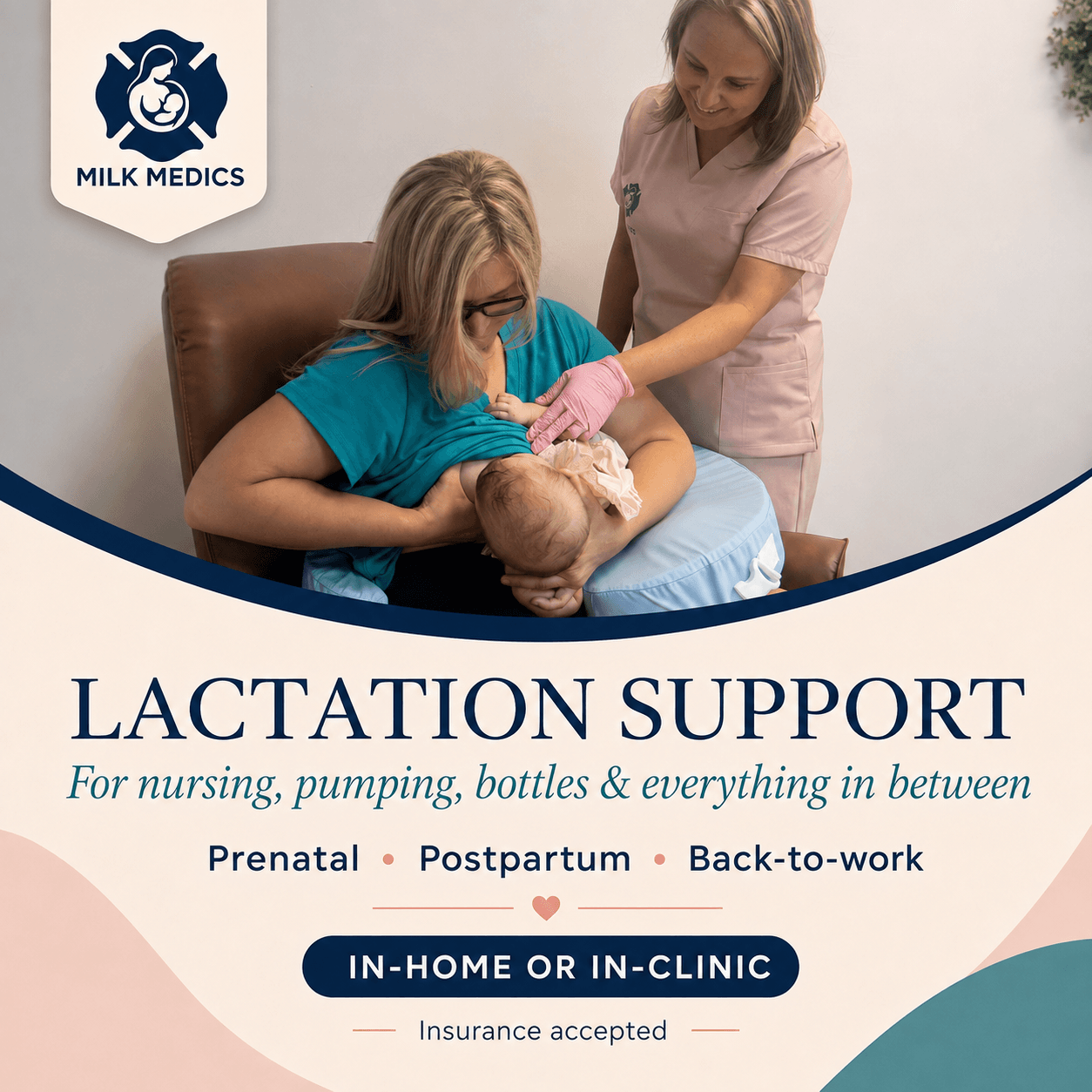 A nurse supports a mother breastfeeding her baby with a healthcare worker assisting, in a clinical setting, promoting lactation support.
