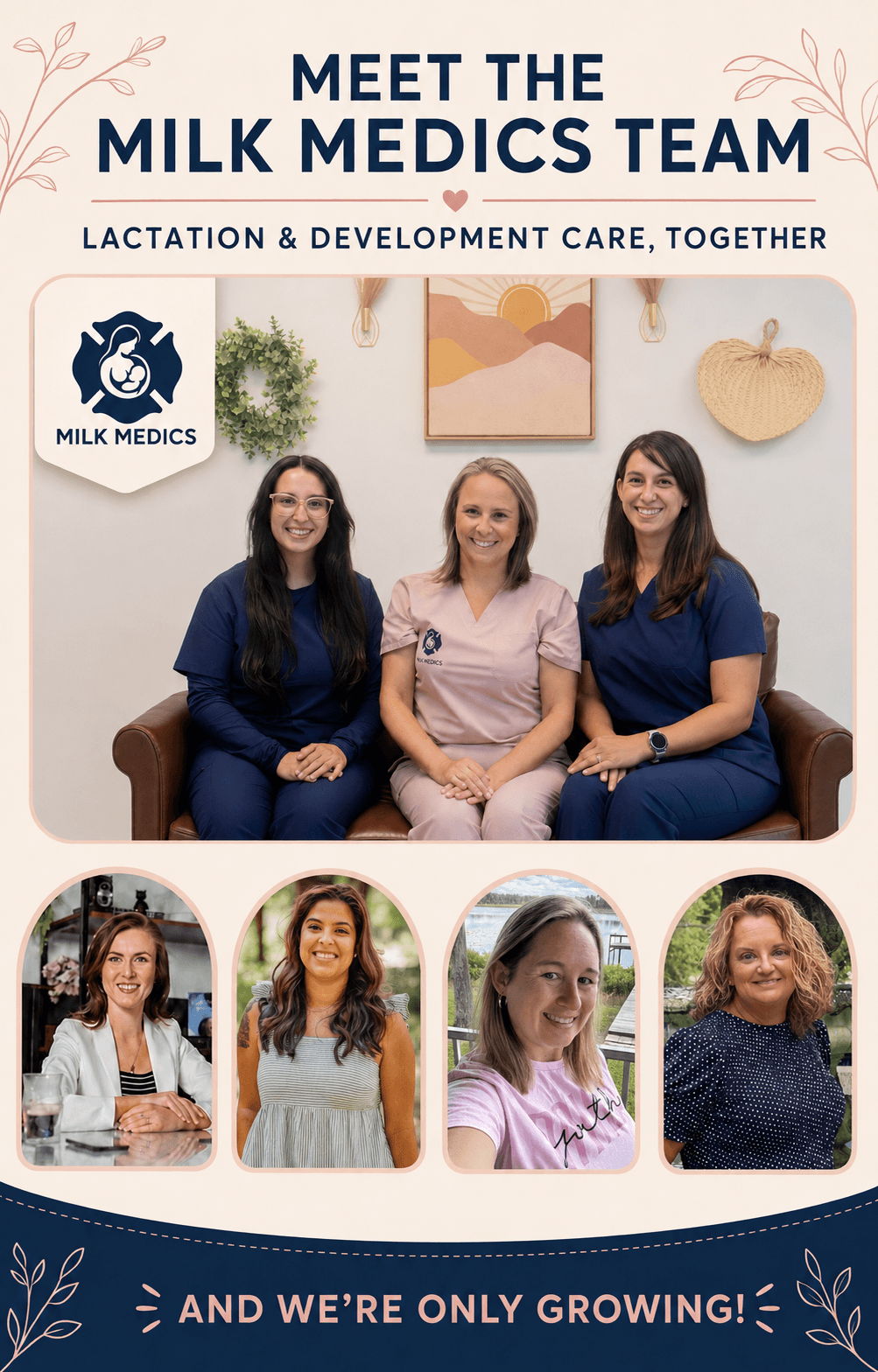 Four women sitting on a couch, smiling, with a banner and four smaller photos below. Text reads 'Meet the Milk Medics Team'.