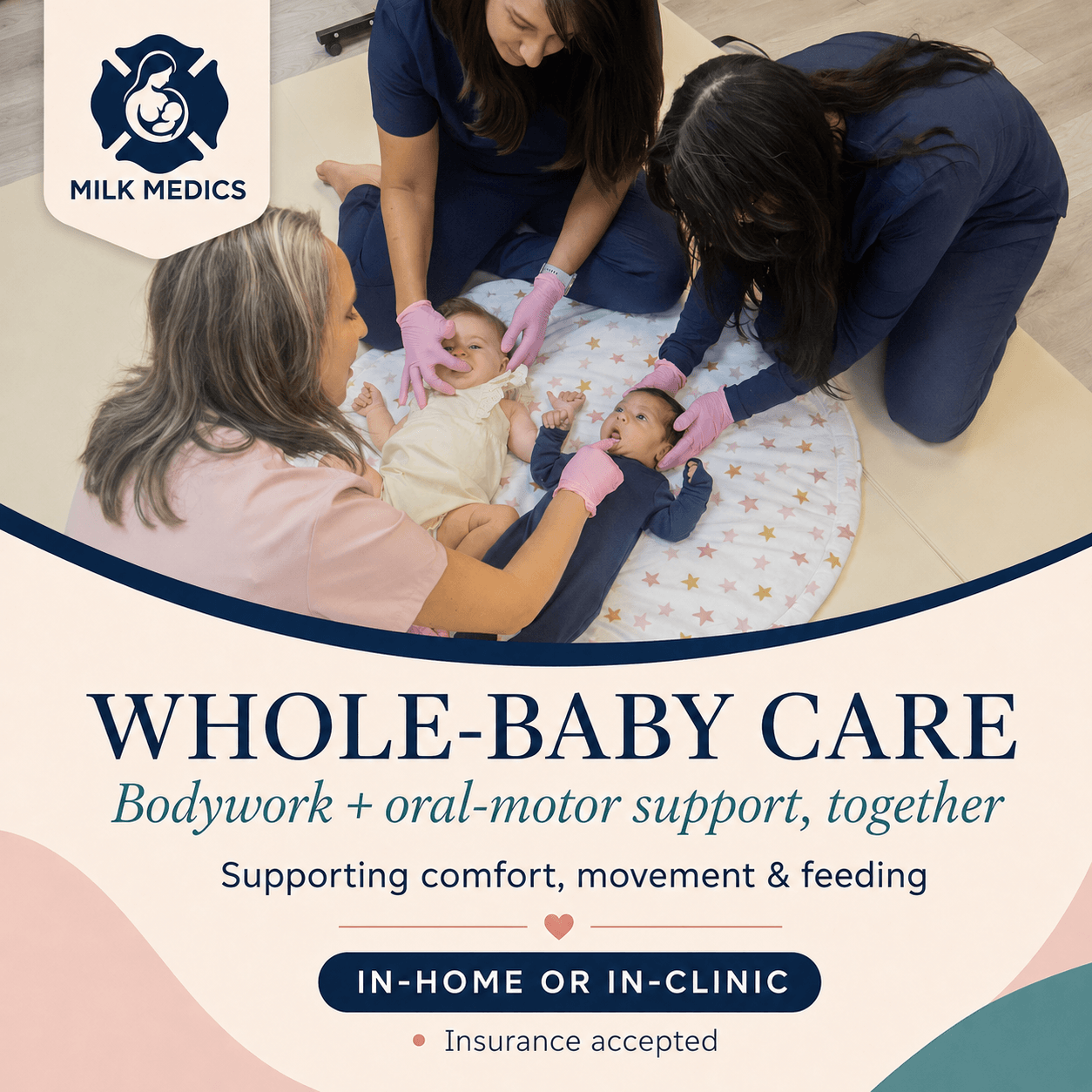 Two healthcare workers care for two infants lying on a blanket, with an older woman nearby, in a clinical setting.