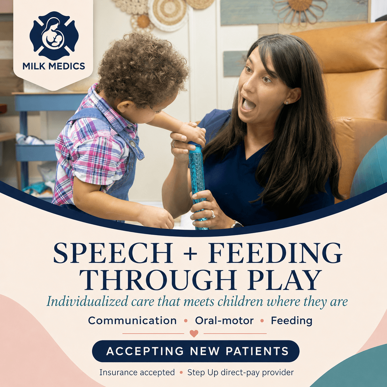 Woman and child playing with a blue toy in a room, smiling and engaging with each other, with a logo and text about speech and feeding therapy.