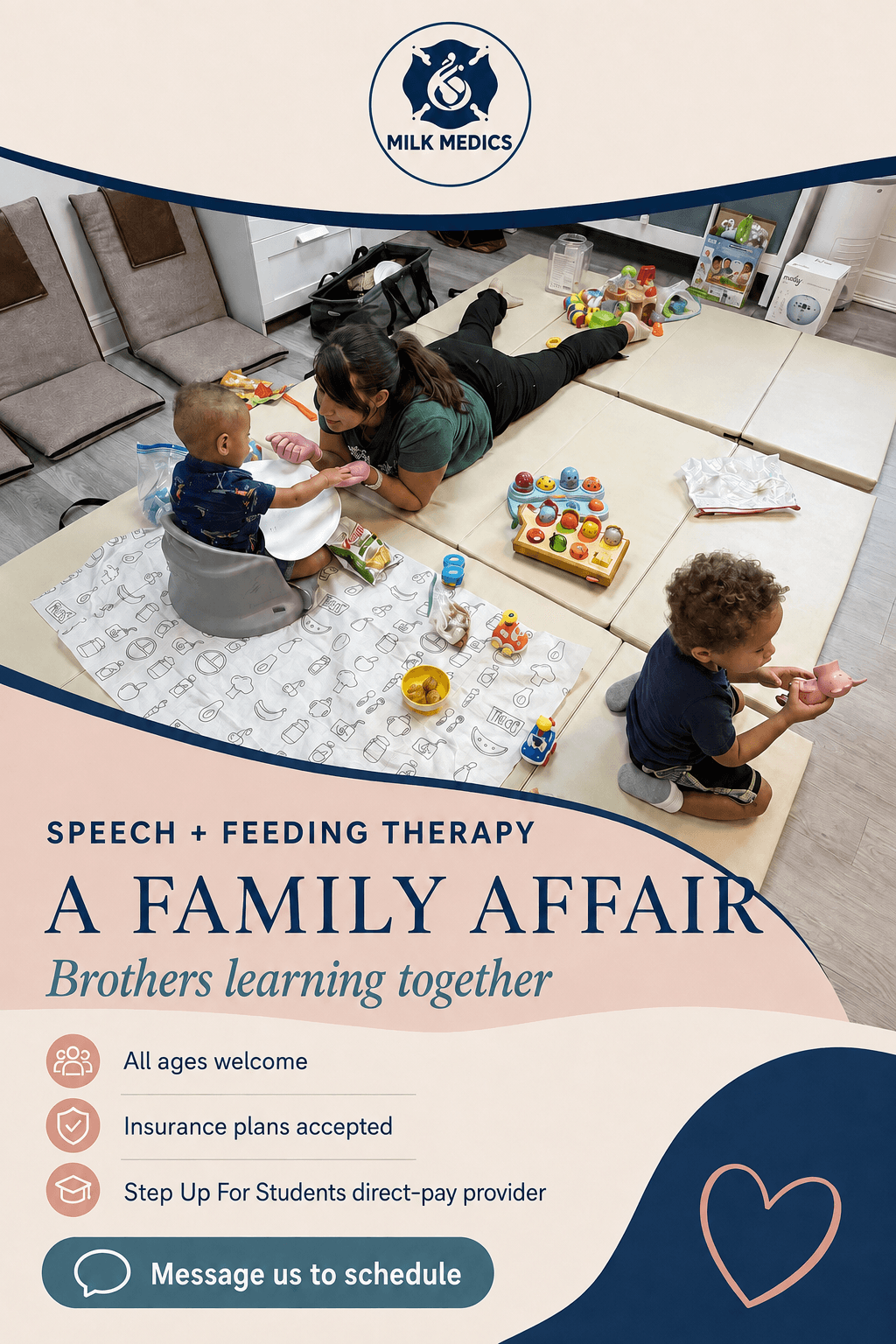 Parents and children playing on a rug in a living room, engaging with toys and activities, with a white wall and furniture in background.