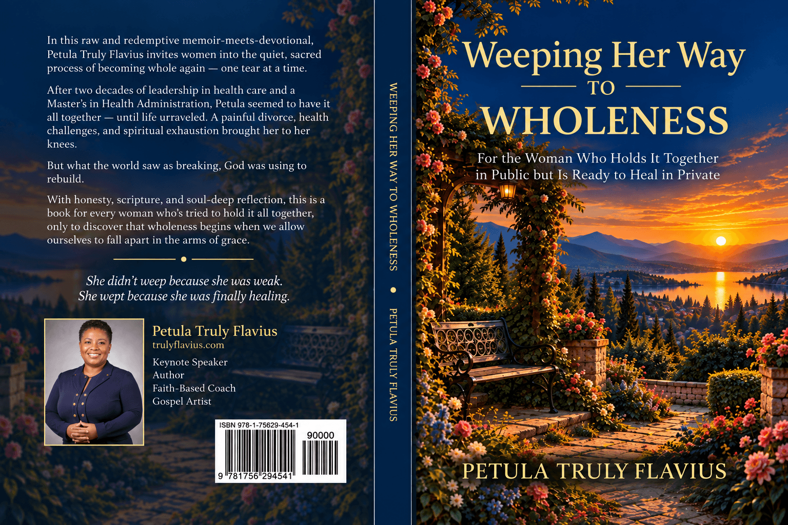 Book cover titled 'Weeping Her Way to Wholeness' with a sunset over a forested landscape, a bench, and flowers. Author: Petula Truly Flavius.