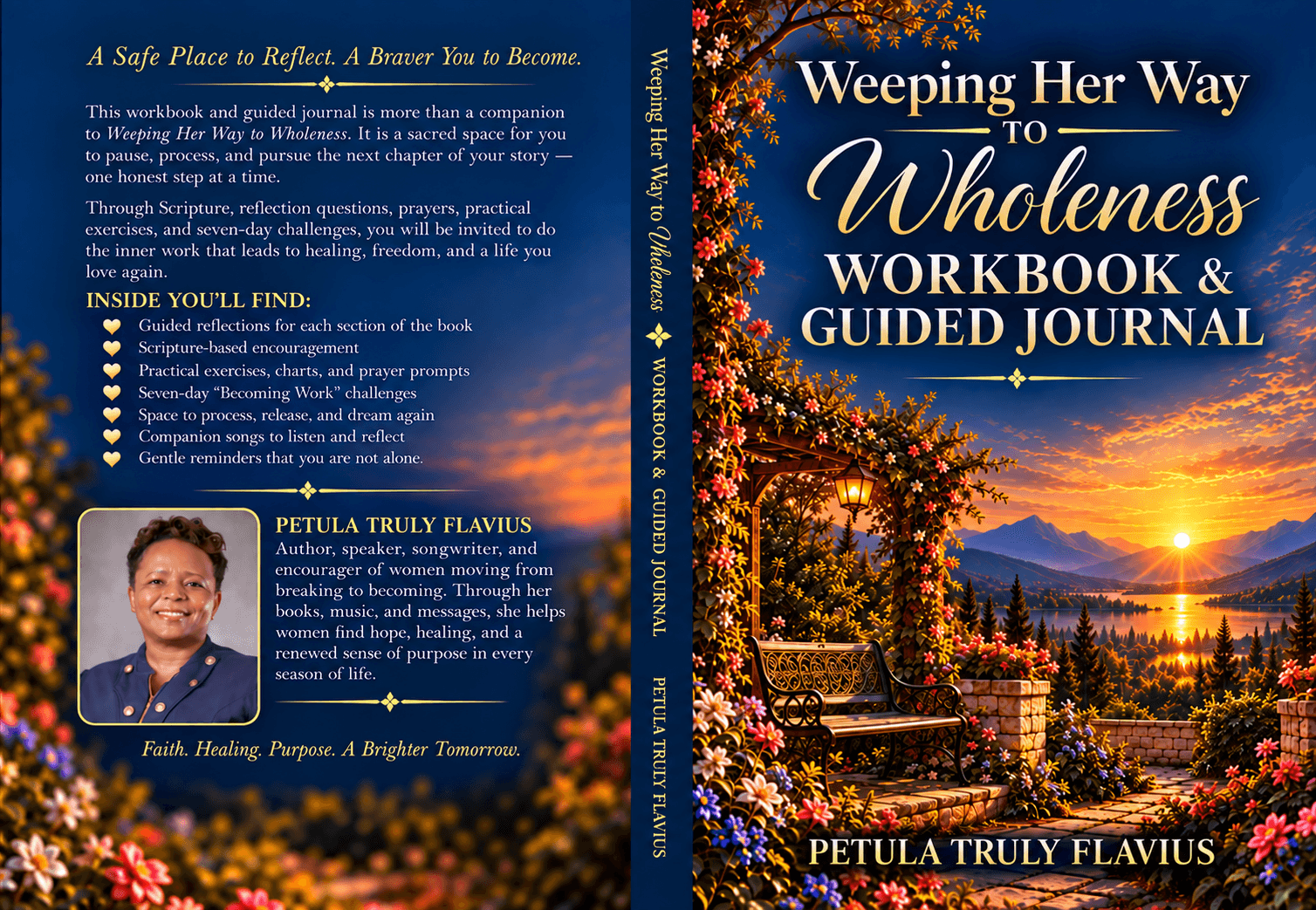 Book cover with sunset over mountains, trees, and a balcony; title: 'Weeping Her Way to Wholeness Workbook & Guided Journal'; author: Petula Truly Flavius.