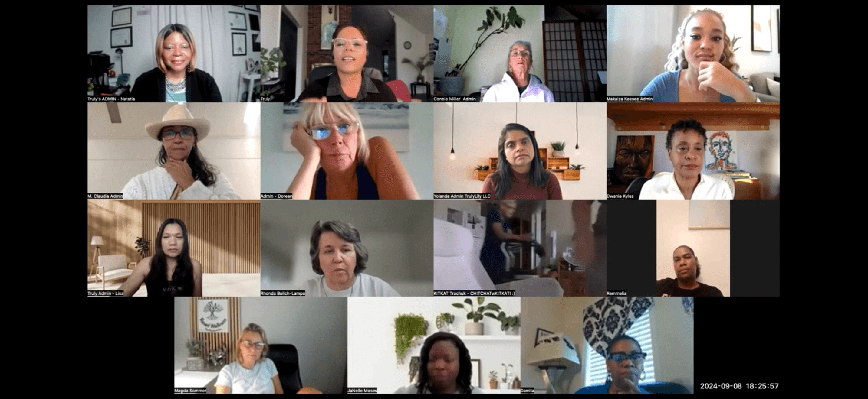 Screenshot of a virtual meeting with 16 participants in individual video frames.